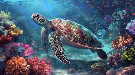 Naklejka premium A Sea Turtle Swimming Through a Vibrant Coral Reef