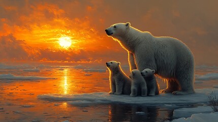 A mother polar bear with two cubs stands on a piece of ice, watching the sunset over a frozen ocean.