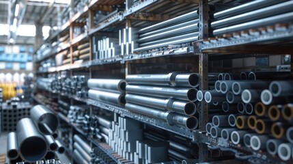 Metal Pipes and Tubes Stacked on Shelves in a Warehouse