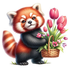 Obraz premium Red panda holding a basket of tulips clipart watercolor 