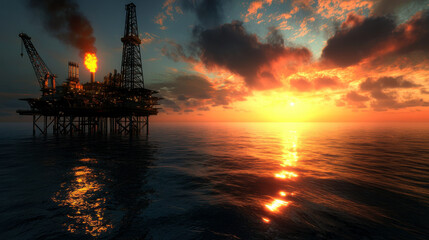 Obraz premium Offshore oil rig stands tall against vibrant sunset, reflecting on calm waters. scene captures beauty of industry and nature in harmony, evoking sense of awe and tranquility