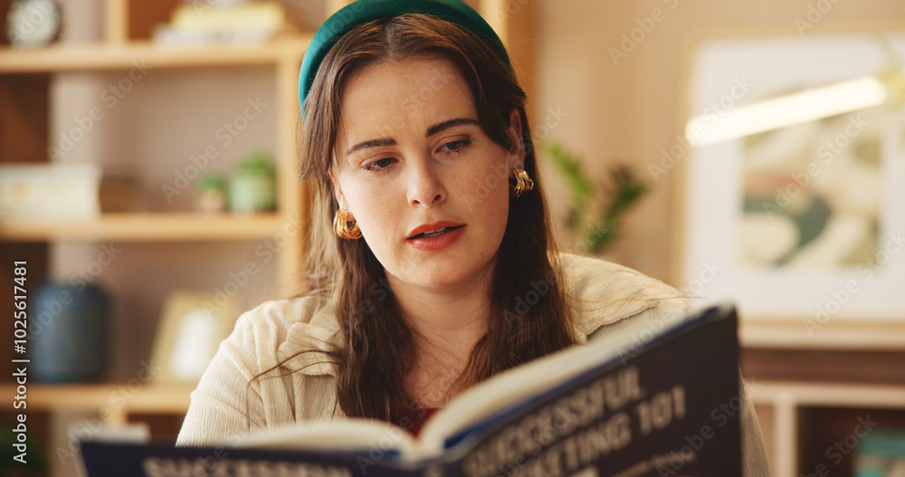 Aufkleber student, reading and book with girl in home office for research assignment, college thesis and futur