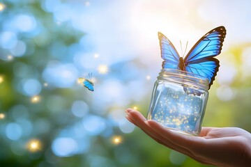 A blue butterfly in the sky is flying, and there are some fireflies around it. A hand holds up an open glass jar with glowing particles inside