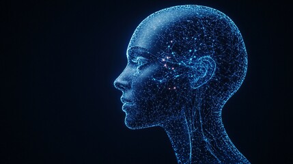 Digital Connectivity: Close-up of Human Head with Glowing Neural Interface in Dark Room with Intertwining Wires and Soft Blue Light Illumination