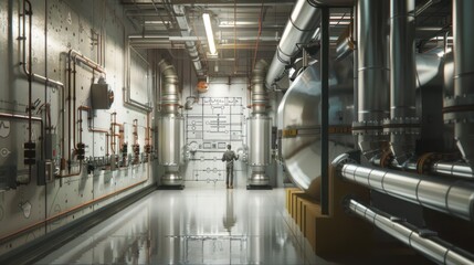 Obraz premium Industrial Interior with a Person and Detailed Schematic Drawings