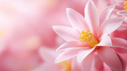 Fototapeta premium A stunning close-up of a pink flower, showcasing its delicate petals and vibrant yellow center. The soft focus background enhances the flower's beauty and serene nature.