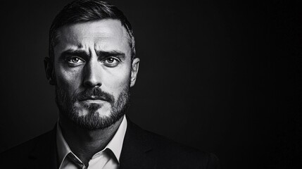 Obraz premium Confident Businessman with Strong Jawline and Intense Stare Backlit in Dramatic Studio Setting