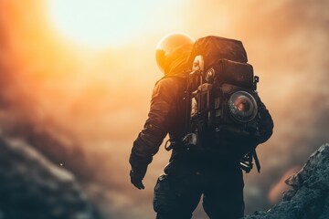 Fototapeta premium Exosuit for extreme planet exploration, with copy space