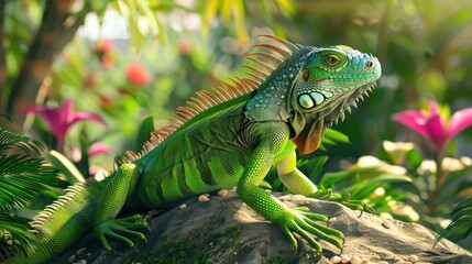Obraz premium Green Iguana Lizard Perched on a Rock in Lush Tropical Foliage