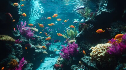 Obraz premium A large aquarium fish tank filled with colorful fish, vibrant corals, and intricate rock formations, with decorative plants swaying in the water.