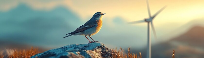 A bird perched on a wind turbine, blending nature and renewable energy