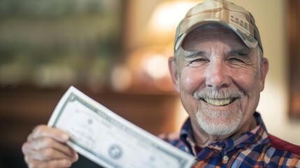 Senior citizen holding check symbolizing social security benefits, smiling with relief in cozy home setting, representing financial security and peace of mind.