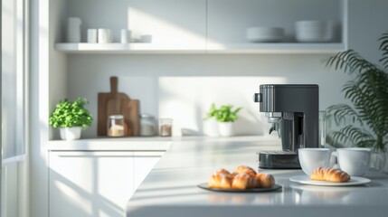 Modern Kitchen Countertop with Espresso Machine, Pastries, and Coffee Cups