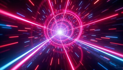 Neon time warp tunnel background with bright colors twisting through a fast-moving digital vortex