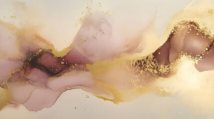 Abstract Gold and Pink Ink Painting, Flowing and Swirling Abstract Design with Metallic Gold Accents.