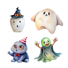 Festive Collection of Watercolor Halloween Ghosts in Various Costumes