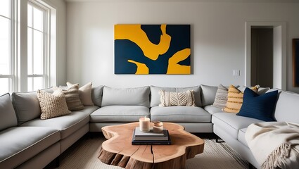 Modern scandinavian living room interior. mid century furniture, cozy carpet, wooden floor
