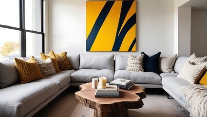 Modern scandinavian living room interior. mid century furniture, cozy carpet, wooden floor