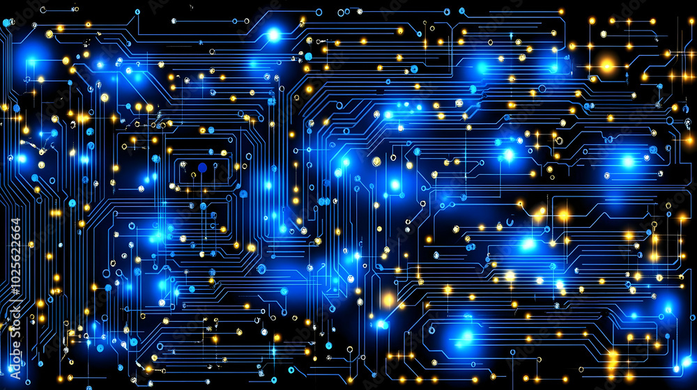 Poster abstract digital circuitry with glowing blue and yellow nodes, a stylized representation of a networ