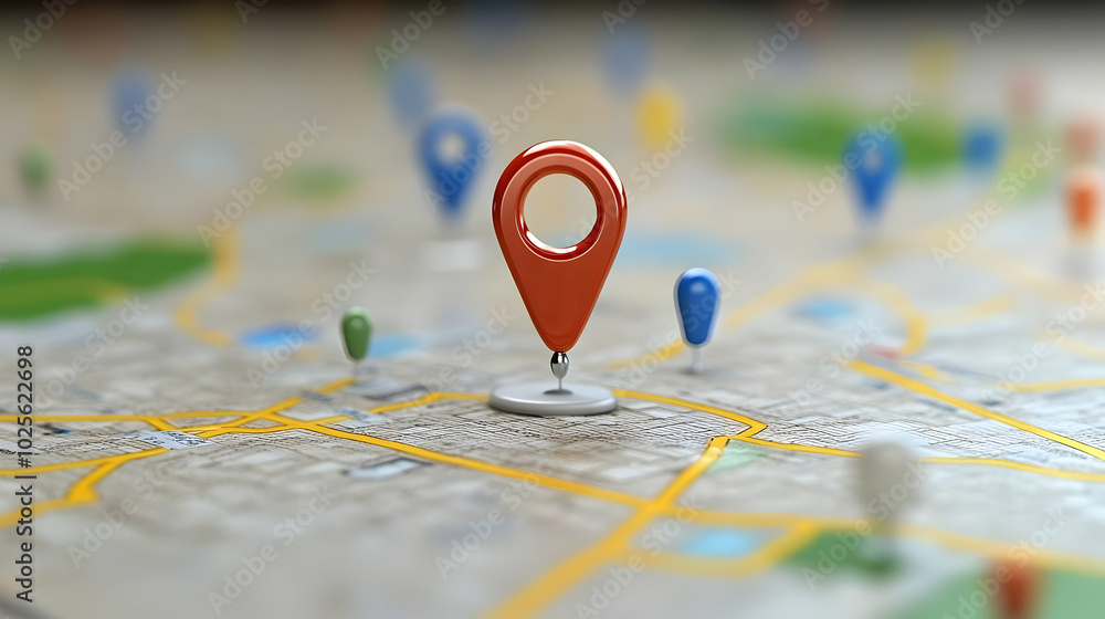 Poster red 3d pin marker on a detailed city map with multiple pins