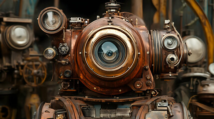 A Close-Up View of a Steampunk Robot with a Large, Circular Lens and Intricate Gearing, Detailed with a Rusted and Worn Aesthetic