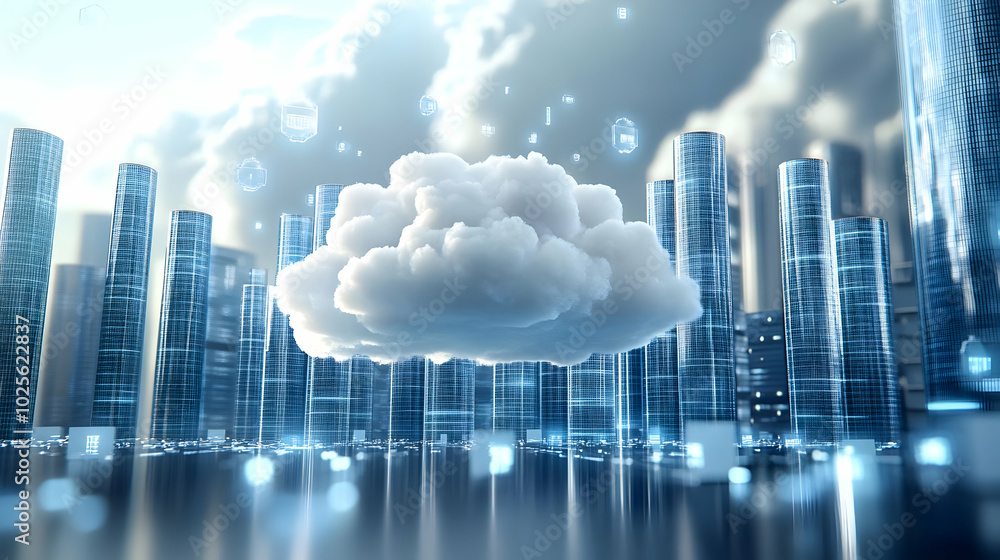 Poster 3d render of a cloud hovering above a cityscape of towers made of data, representing the concept of 