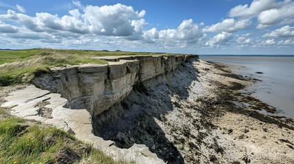 Eroded Cliffs Overlooking a Calm Sea on a Sunny Day with a Blue Sky and White Clouds