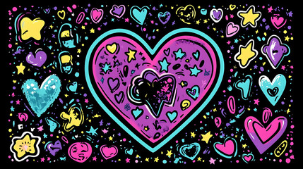 A Colorful Abstract Background with a Large Pink Heart in the Center Surrounded by Smaller Hearts, Stars, and Other Shapes