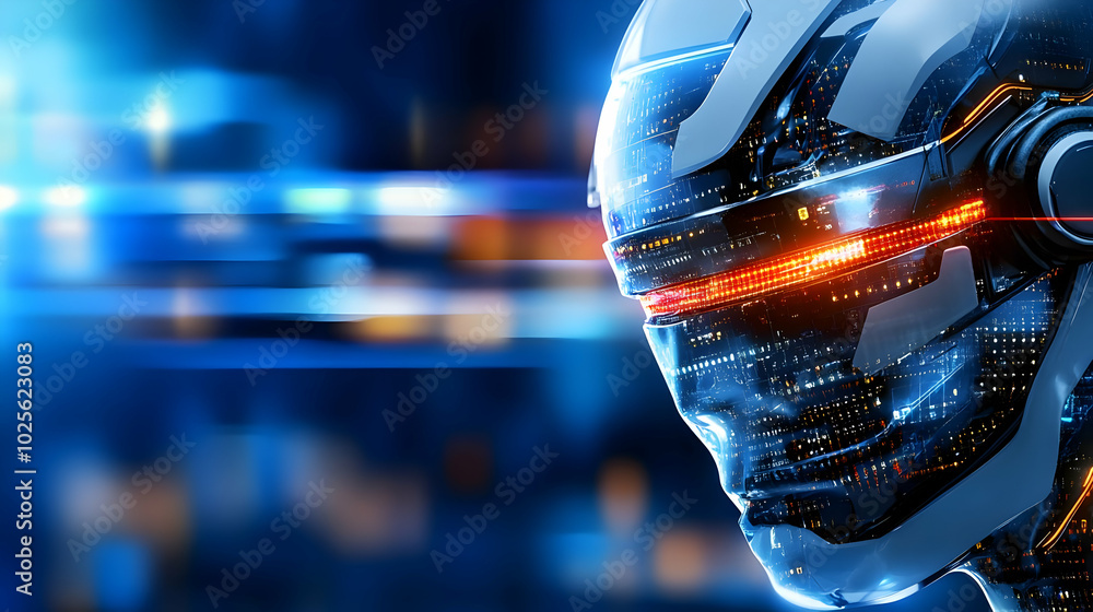 Poster 3d rendering of a futuristic robot head with glowing circuitry and a blurred cityscape background