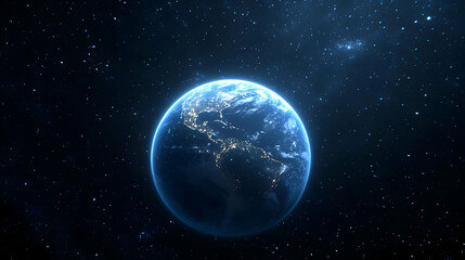 Obraz premium A 3D Render of Earth with City Lights Illuminating the Night, Surrounded by a Starry Sky