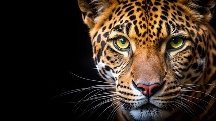 Fototapeta premium Close-up of a Wildcat's Face, Gazing with Golden Eyes and a Sharp Nose, Against a Deep Black Background
