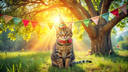 A festive feline in a birthday hat sits beneath a tree adorned with colorful flags, basking in the warm glow of the setting sun.