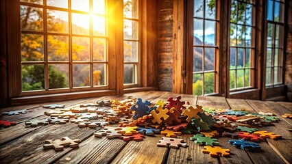 Sunlight streams through windows, casting warm light on a wooden table scattered with colorful jigsaw puzzle pieces, ready for assembly.