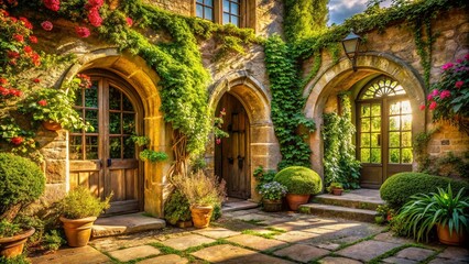 Sun-drenched courtyard with stone arches, verdant foliage, and inviting doorways leading to a serene garden retreat