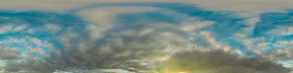 Sunset sky with bright glowing pink Cumulus clouds. Seamless spherical HDR 360 panorama. Full zenith or sky dome in 3D, sky replacement for aerial drone panoramas. Climate and weather change.