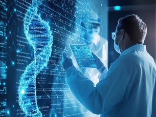A cutting-edge personalized medicine using genomics image, with doctors analyzing DNA sequences and patient data, showcasing precision treatments tailored to an individual's genetic makeup