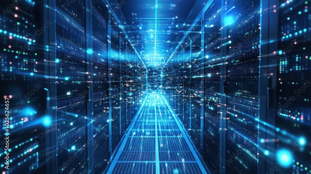 Poster a data infrastructure background showcasing digital data servers, cloud computing visuals, and infra