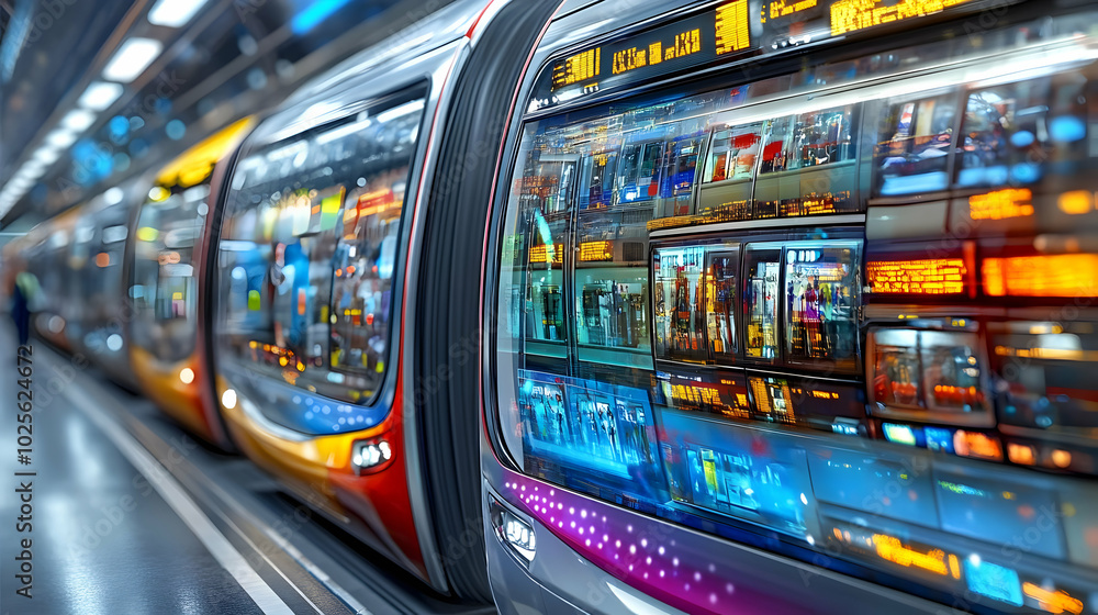 Poster futuristic train with colorful digital displays and illuminated windows depicting an advanced transp