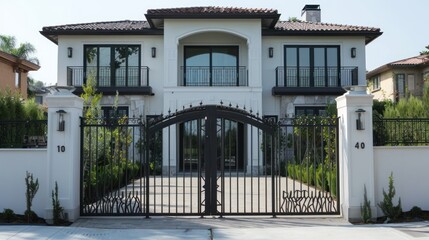 Obraz premium Black Wrought Iron Gate Leading to Modern Two-Story White House with Red Tile Roof