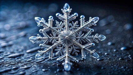 A Shimmering Snowflake Adorned with Delicate Frost, Glistening on a Dark, Wet Surface, Capturing the Essence of Winter's Beauty