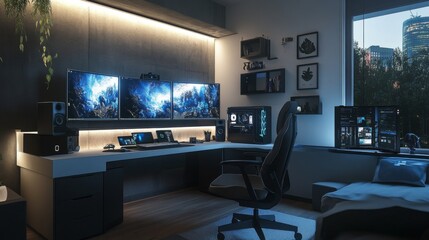 Modern Gaming Setup with Triple Monitors and City View