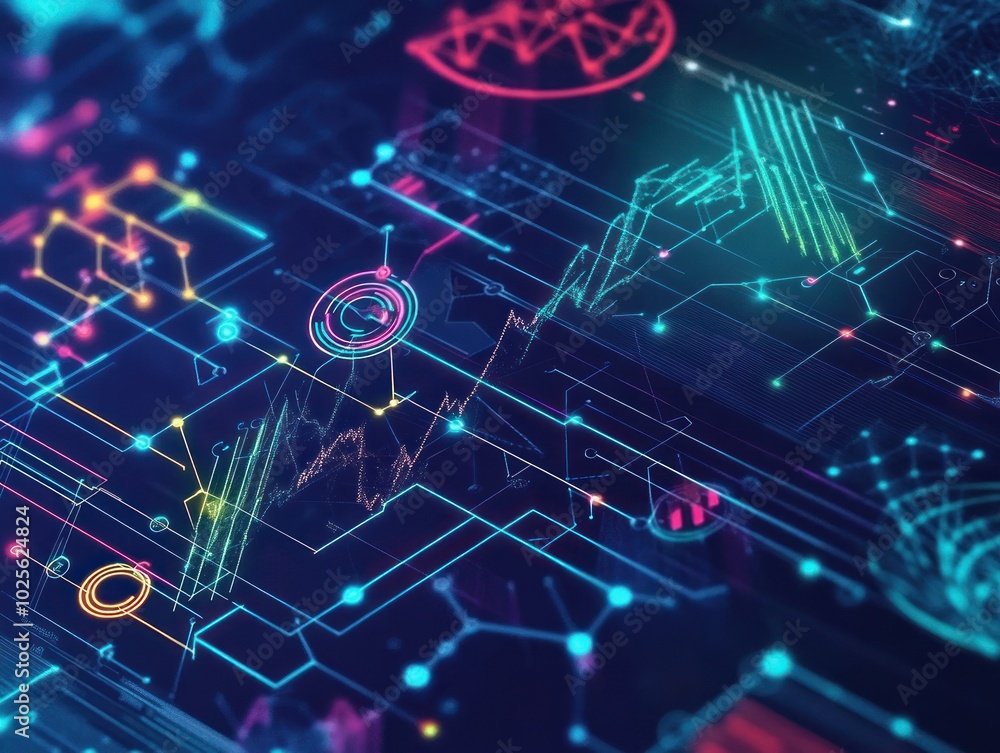Poster a data science background showcasing key elements of scientific analysis, with machine learning icon