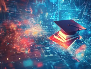 A data technology background for educational platforms, featuring abstract designs with educational icons like books, graduation caps, and digital data streams, symbolizing knowledge and connectivity