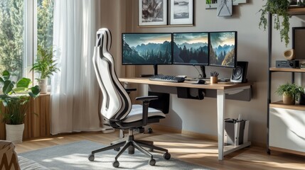 Modern Home Office with White Gaming Chair and Triple Monitor Setup