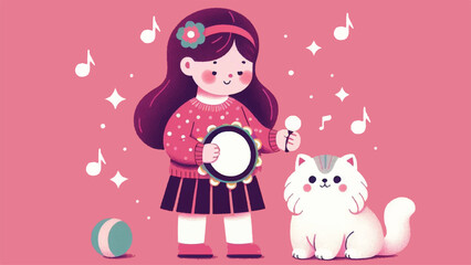 a flat illustration of a little girl playing a tambourine accompanied by a Persian cat