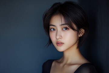 young asian woman with short hair and soft gaze in minimalist portrait