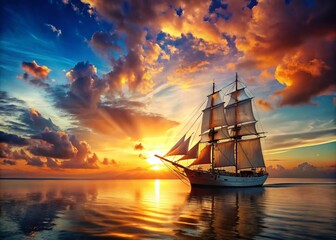 Obraz premium Sailing Ship on Sea at Sunset: Majestic Views of Nature, Tranquil Waters, and Scenic Horizons for Serene Travel