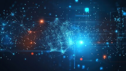 Obraz premium A data technology background with AI elements, featuring neural networks, machine learning nodes, and AI algorithms visualized with glowing lines and futuristic, abstract designs