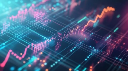 Obraz premium A data visualization background with colorful, interactive graphs, charts, and lines of data points connecting across the screen, creating a dynamic representation of analytics