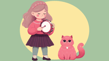 a flat illustration of a little girl playing a tambourine accompanied by a Persian cat